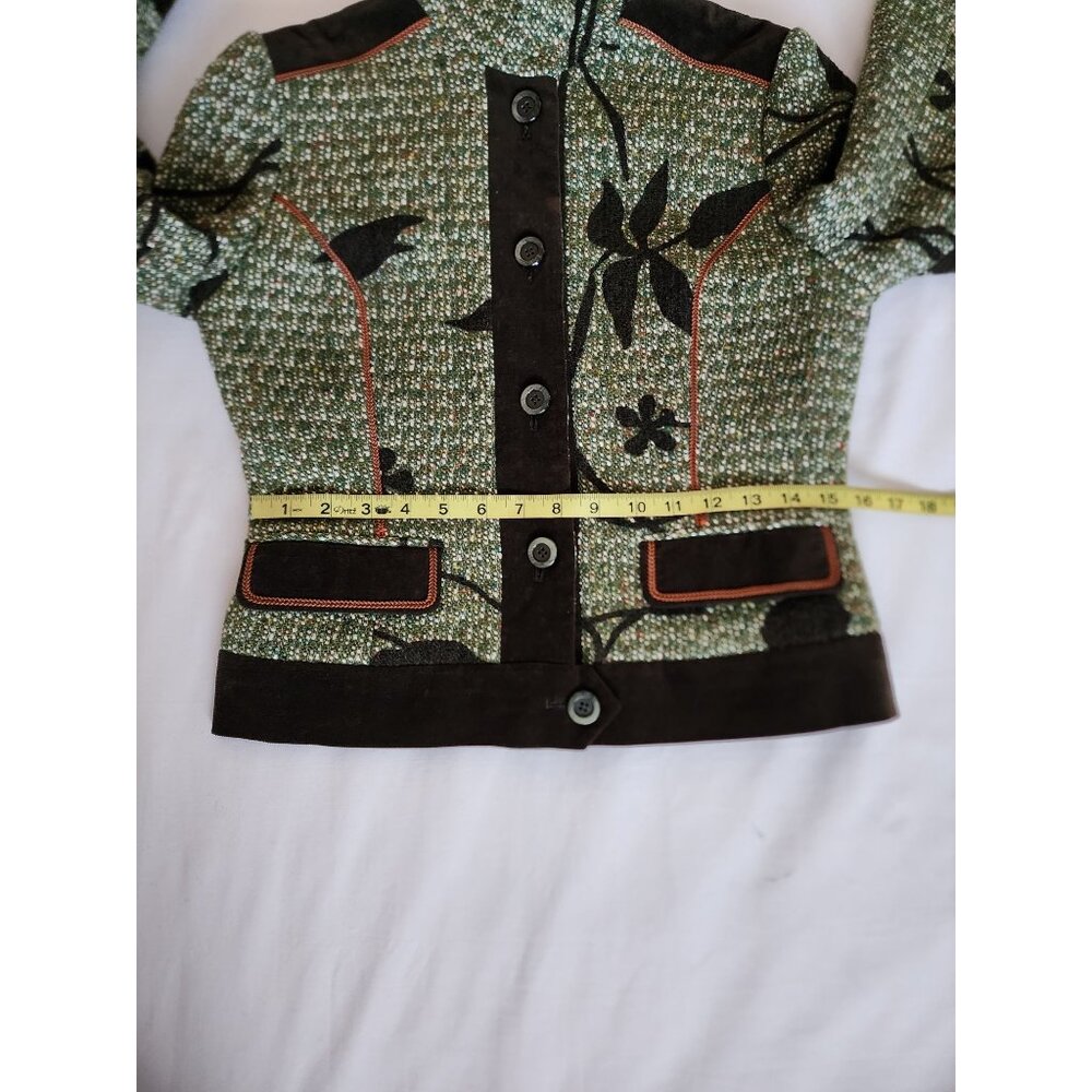 Otti Zen High Neck Button Front Faux Pockets Tweed Jacket Green/Black Small - Picture 10 of 12